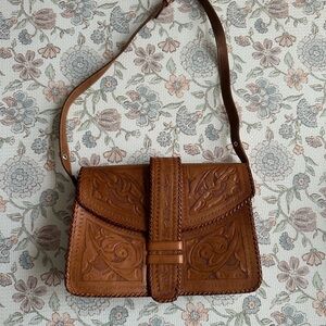 Brown Tooled Leather Shoulder Bag